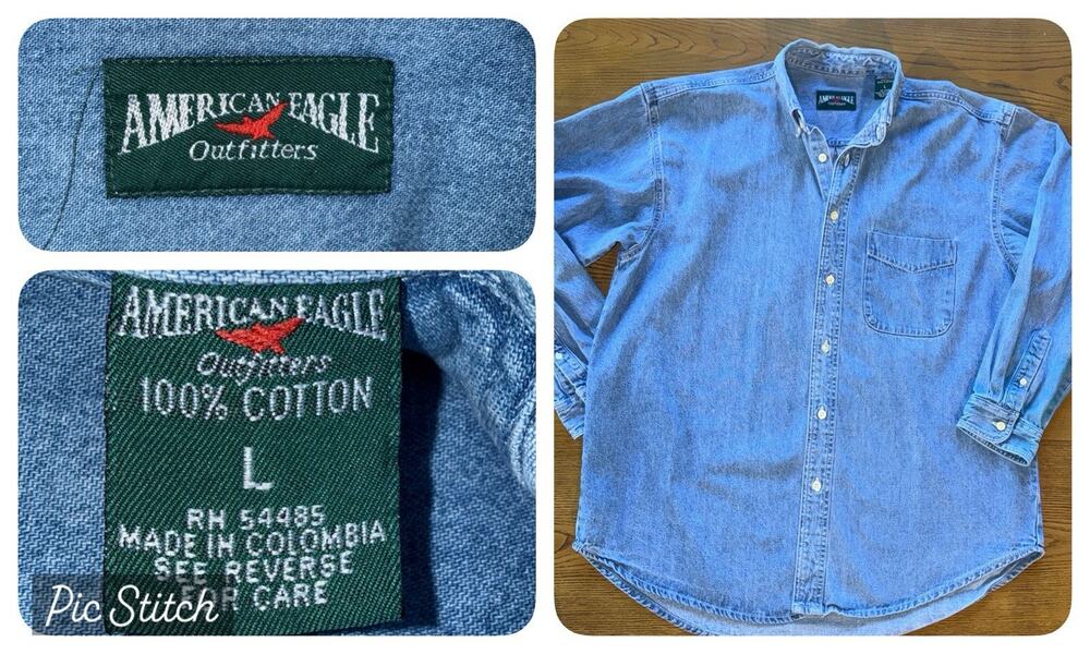 Vintage AMERICAN EAGLE OUTFITTERS Sz L Button-down Heavy Denim Shirt Y2K Preppy
